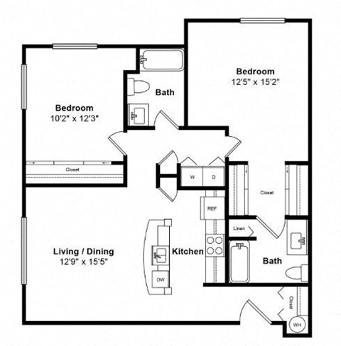 Floor plan for 2 beds, 2 baths, 986 sqft